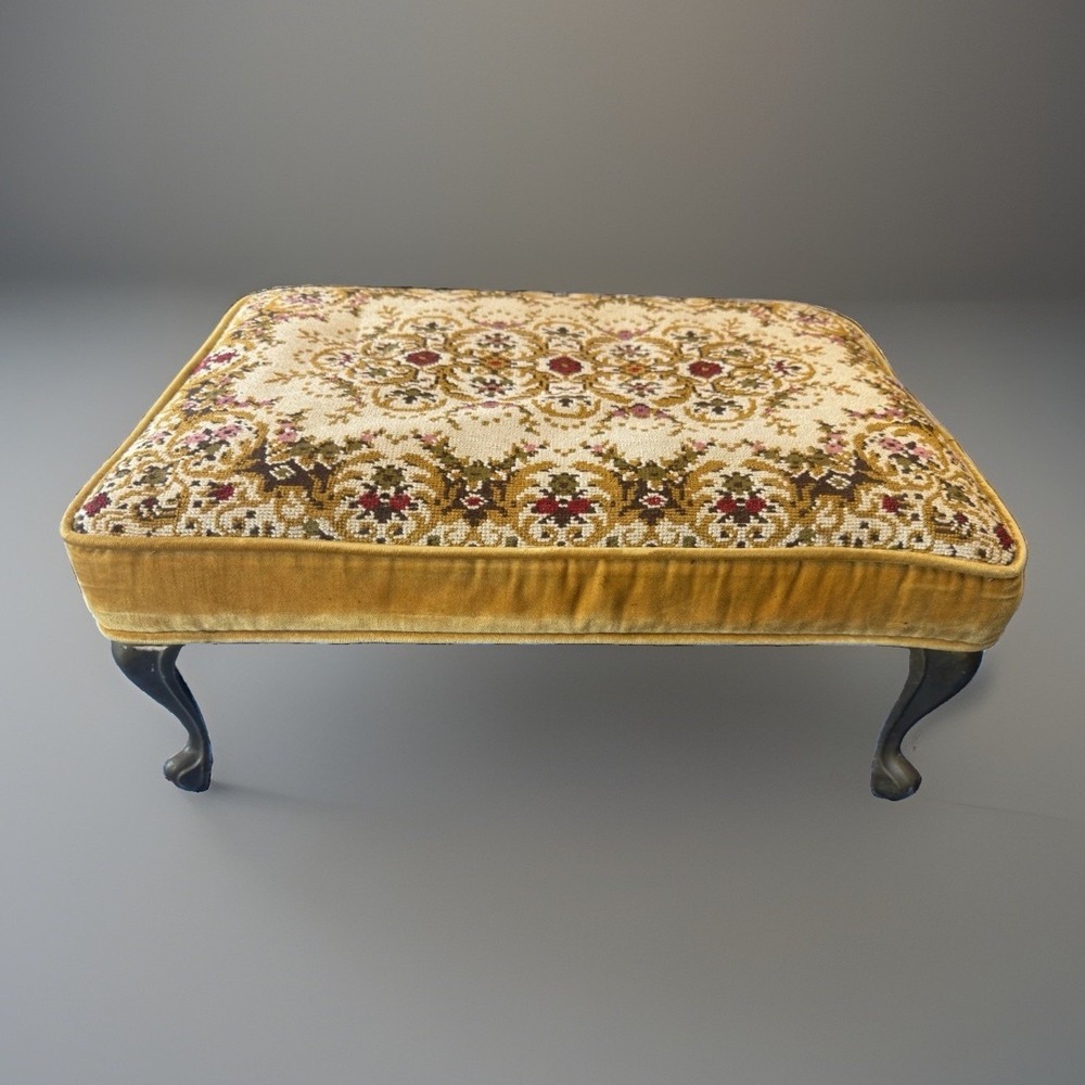 Vintage Louis XV Style French Floral Tapestry Upholstered Ottoman Footstool